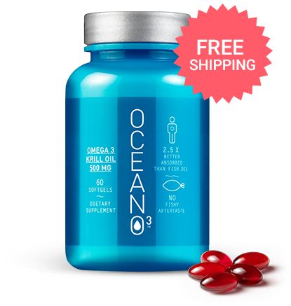 Oceano3 krill oil bottle with red softgel capsules